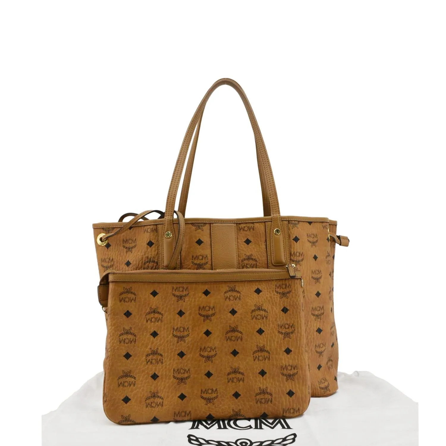 MCM Reversible Liz Medium Visetos Canvas Shopper Tote Bag Cognac