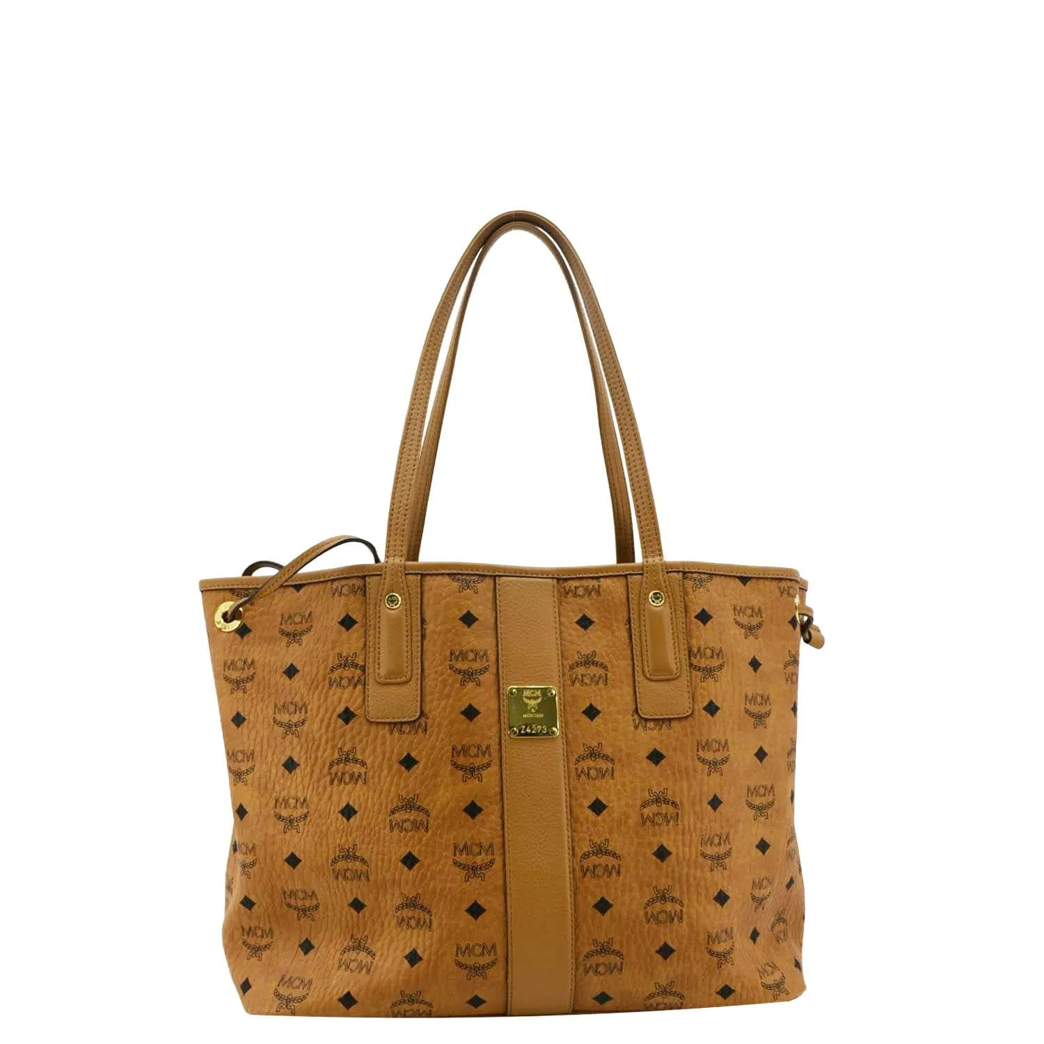MCM Reversible Liz Medium Visetos Canvas Shopper Tote Bag Cognac