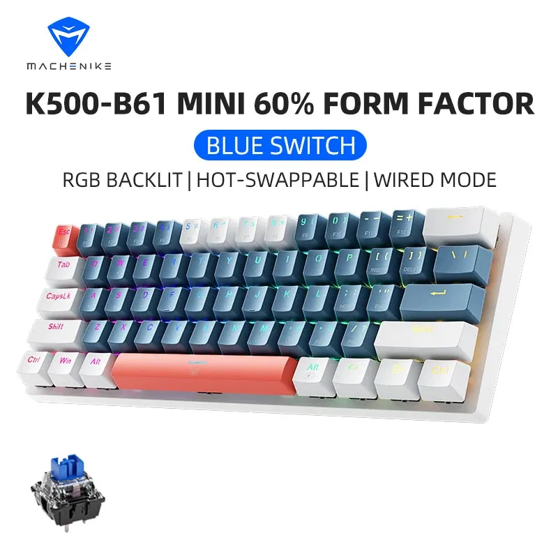Mini Mechanical Keyboard 60% Form Factor 61Keys K500-B61 Gaming Keyboard Wired Full Key Hot-Swappable RGB Backlit Great Gift
