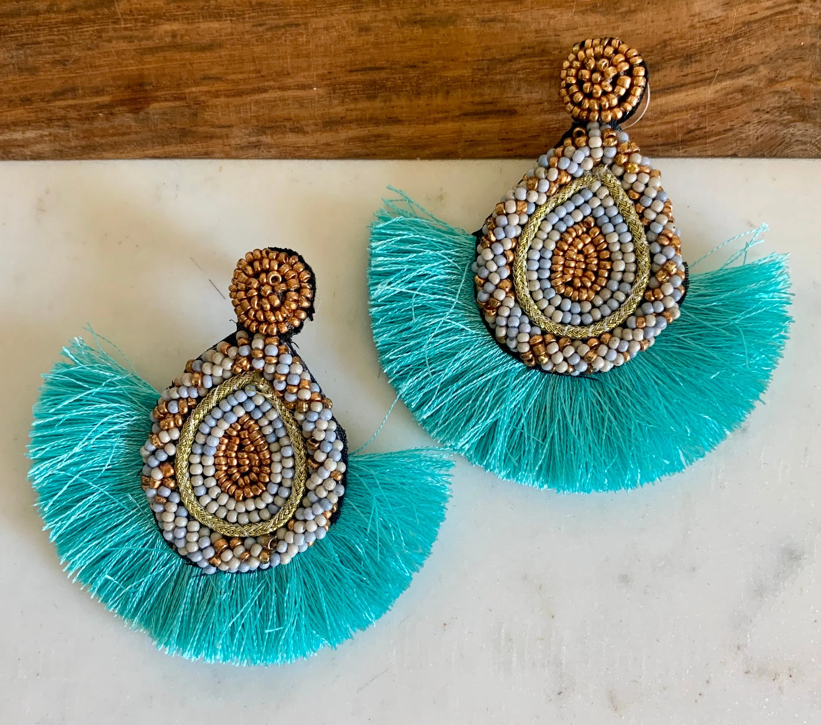 Mint // Teardrop Bead Fringe Earrings