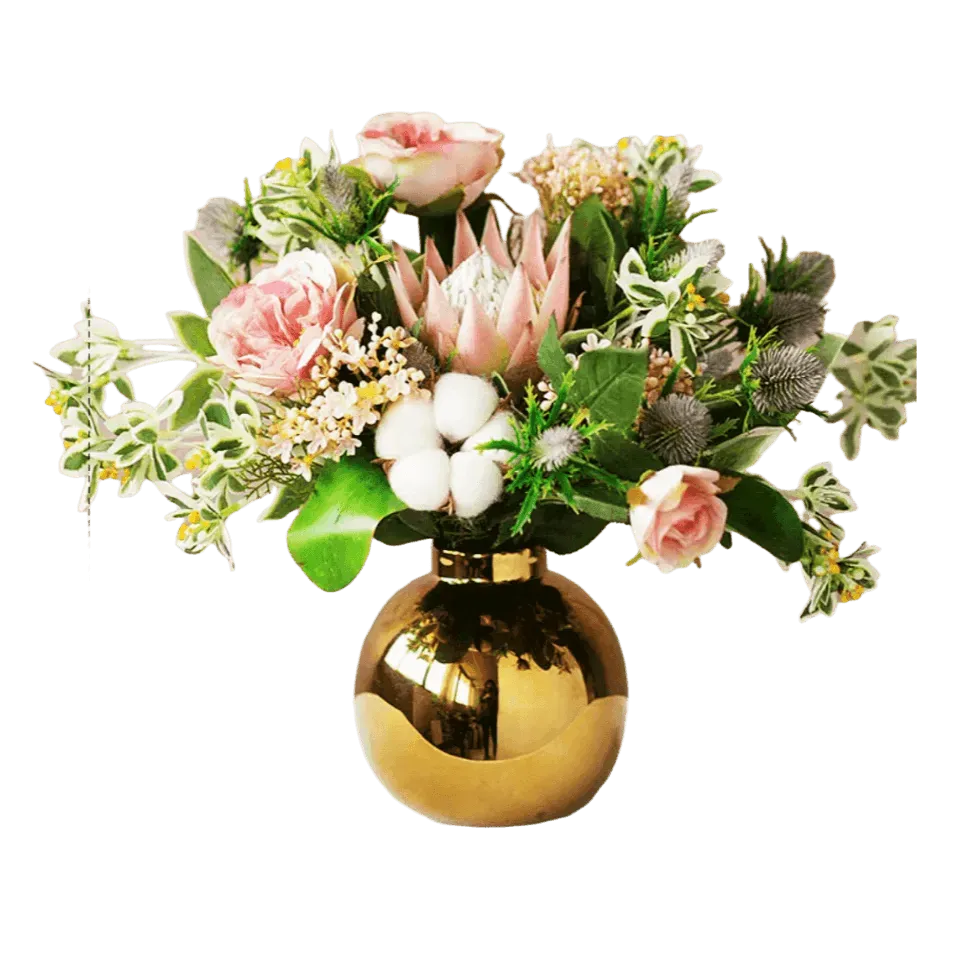 Multicolour Cotton Rose Floral Arrangement in a Gold Pot