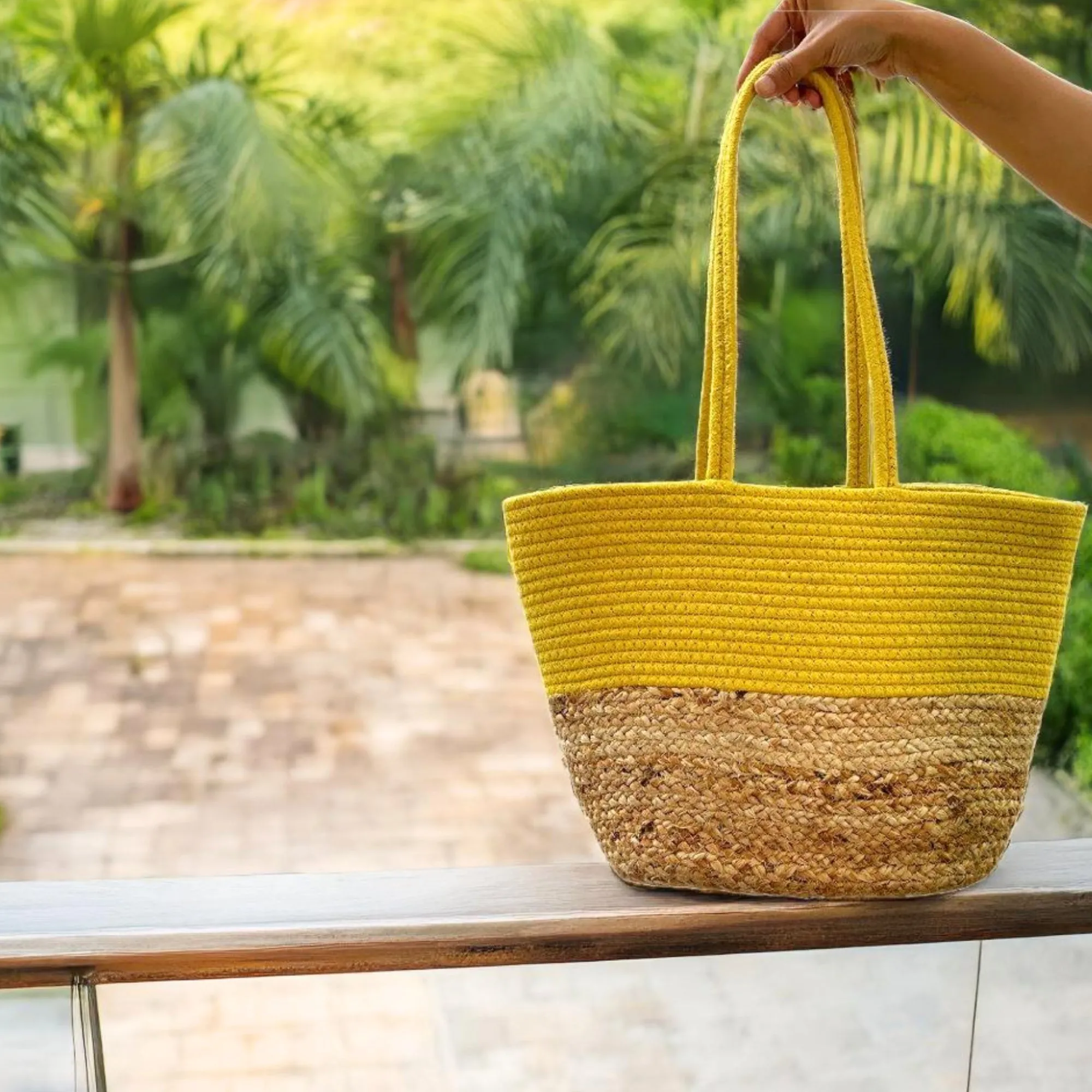 Mustard Jute and Cotton Handbag