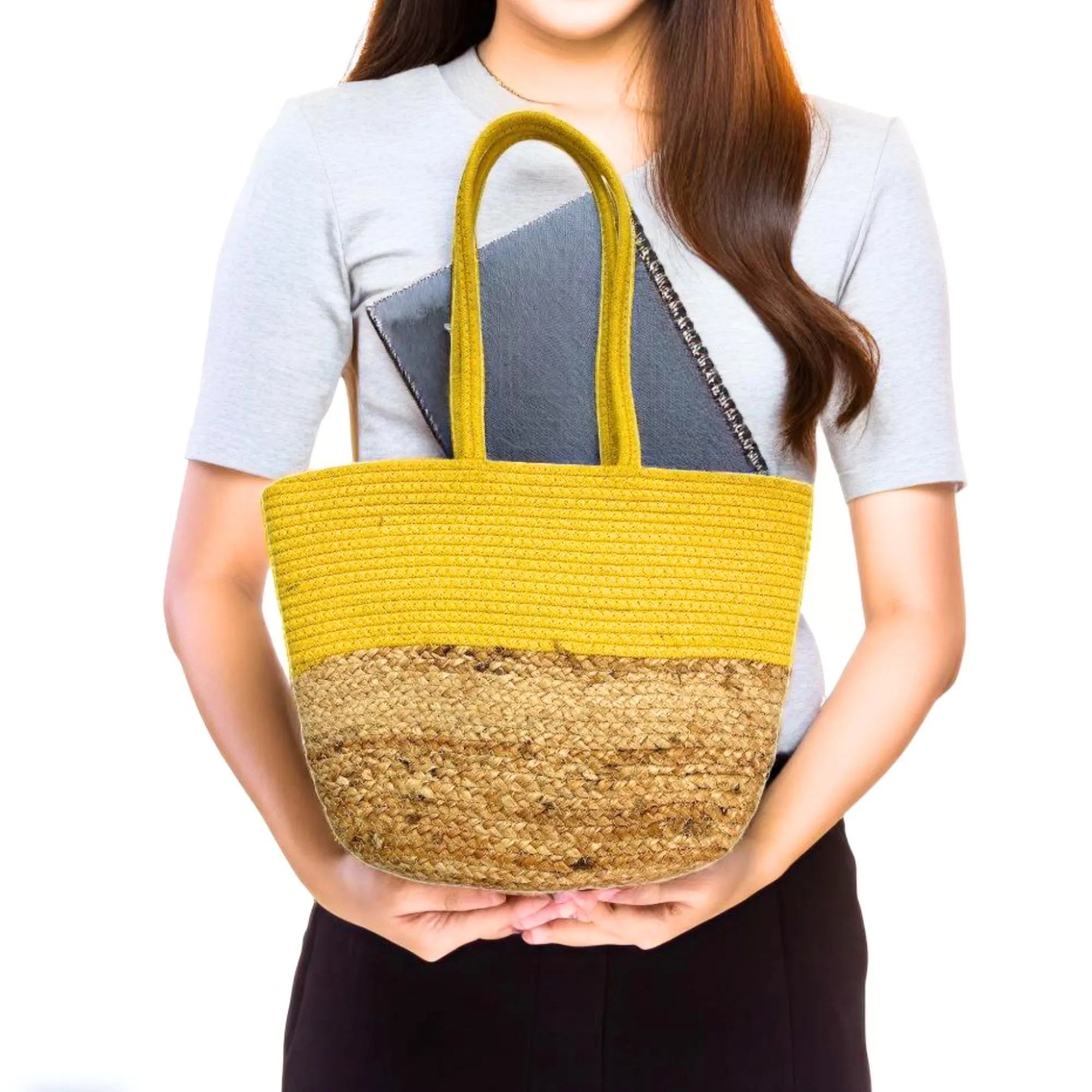 Mustard Jute and Cotton Handbag