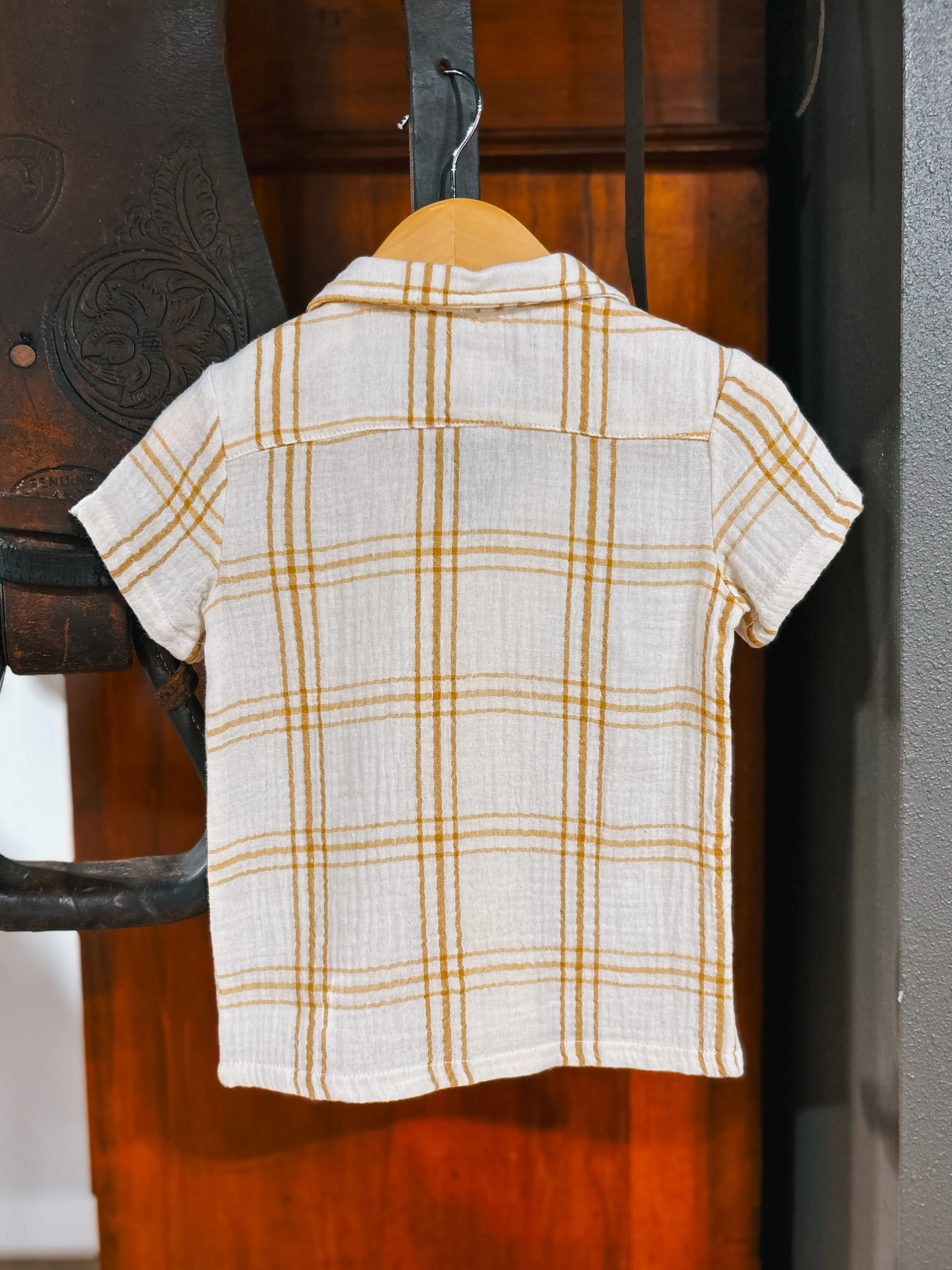 Mustard Plaid Boys Cotton Gauze Button Down Shirt (12-18Mo)