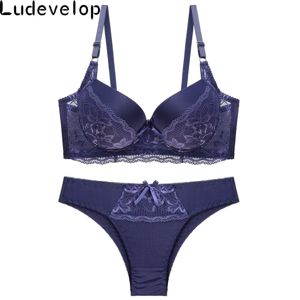 New Top Sexy Underwear Set Cotton Push-up Bra and Panty Sets 3/4 Cup Brand Green Lace Lingerie Set Women Deep V Brassiere Black
