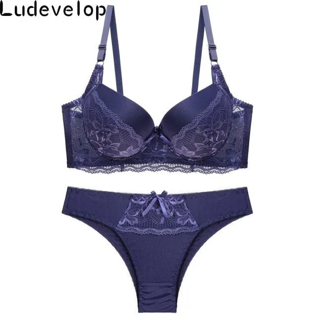 New Top Sexy Underwear Set Cotton Push-up Bra and Panty Sets 3/4 Cup Brand Green Lace Lingerie Set Women Deep V Brassiere Black