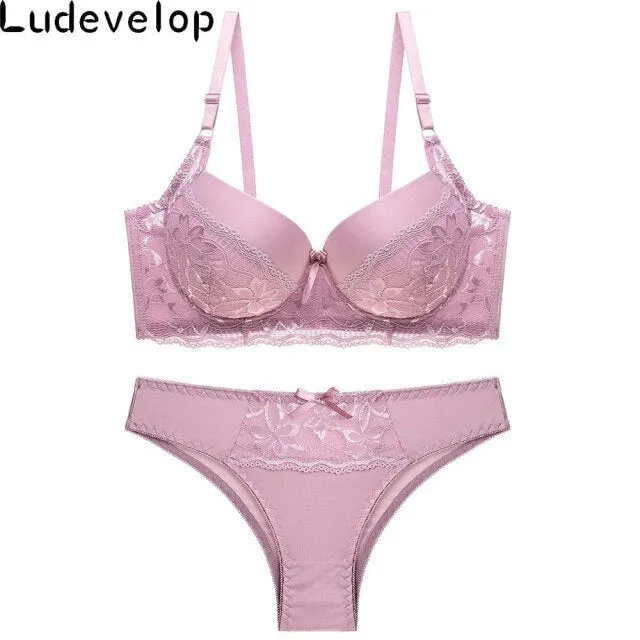 New Top Sexy Underwear Set Cotton Push-up Bra and Panty Sets 3/4 Cup Brand Green Lace Lingerie Set Women Deep V Brassiere Black