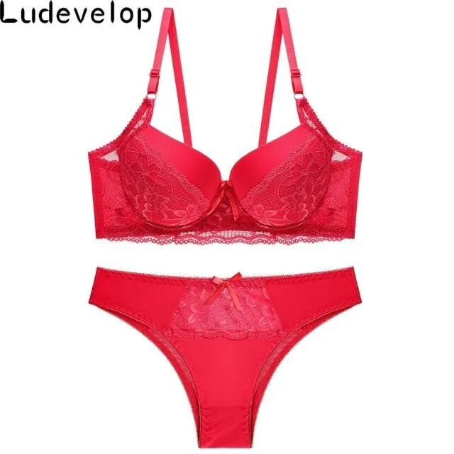 New Top Sexy Underwear Set Cotton Push-up Bra and Panty Sets 3/4 Cup Brand Green Lace Lingerie Set Women Deep V Brassiere Black
