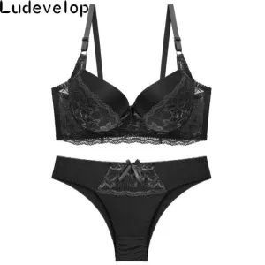 New Top Sexy Underwear Set Cotton Push-up Bra and Panty Sets 3/4 Cup Brand Green Lace Lingerie Set Women Deep V Brassiere Black