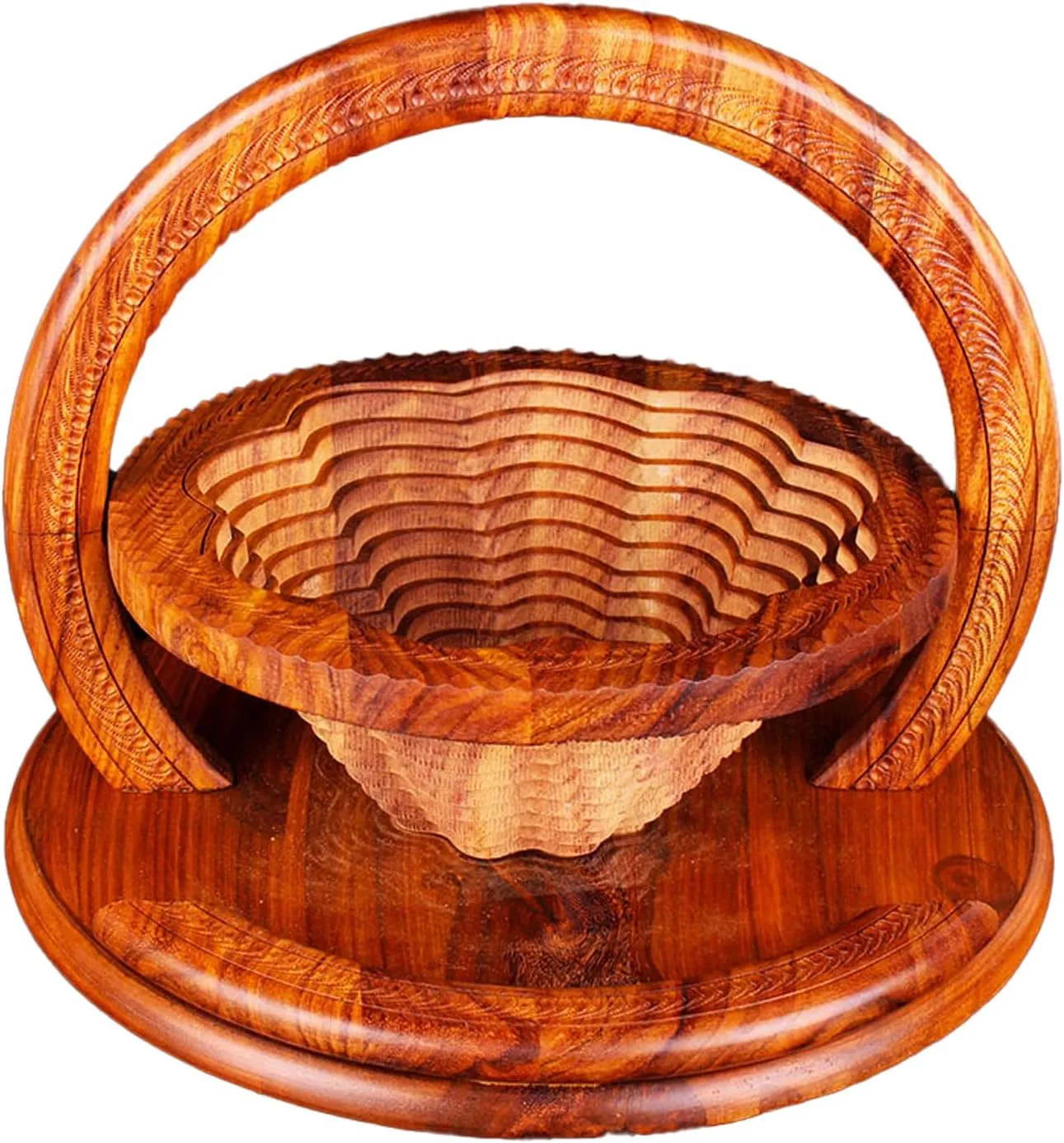 New Unique Handmade Wood Carving Fruit Plate/Bowl/Basket, Wooden Fruit Basket, Foldable Bamboo Dried Fruit Basket, (One Grid) Retails $72 