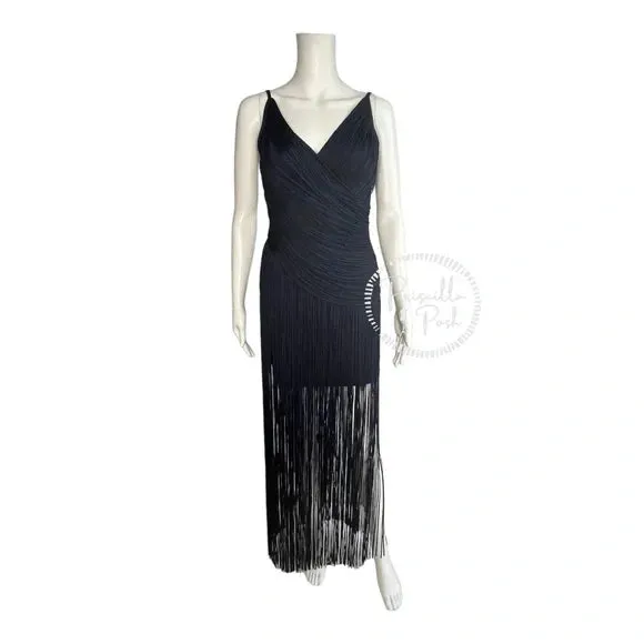 NWT Herve Leger Draped Fringe Gown Navy V-Neck Full Length XS