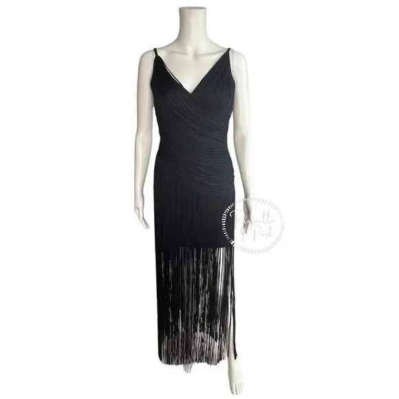 NWT Herve Leger Draped Fringe Gown Navy V-Neck Full Length XS
