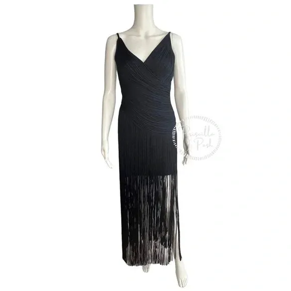 NWT Herve Leger Draped Fringe Gown Navy V-Neck Full Length XS