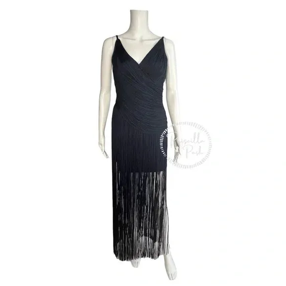 NWT Herve Leger Draped Fringe Gown Navy V-Neck Full Length XS