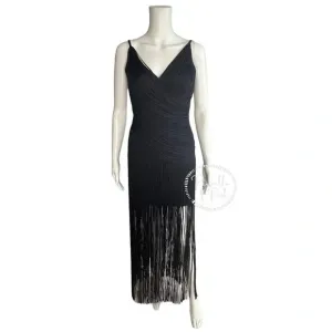 NWT Herve Leger Draped Fringe Gown Navy V-Neck Full Length XS