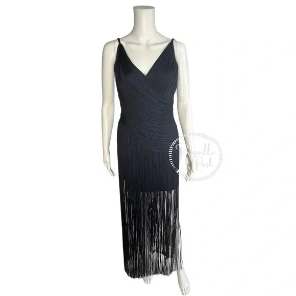 NWT Herve Leger Draped Fringe Gown Navy V-Neck Full Length XS