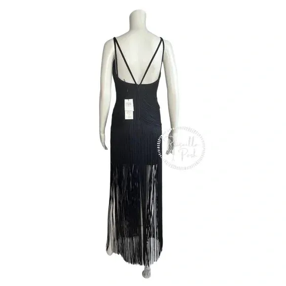 NWT Herve Leger Draped Fringe Gown Navy V-Neck Full Length XS