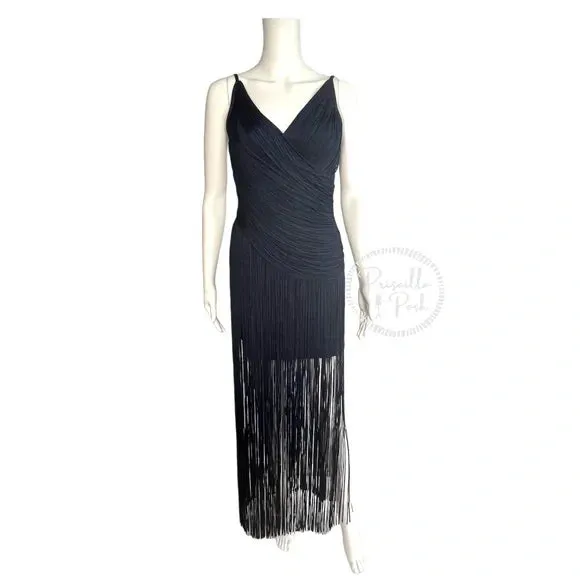 NWT Herve Leger Draped Fringe Gown Navy V-Neck Full Length XS