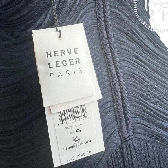 NWT Herve Leger Draped Fringe Gown Navy V-Neck Full Length XS