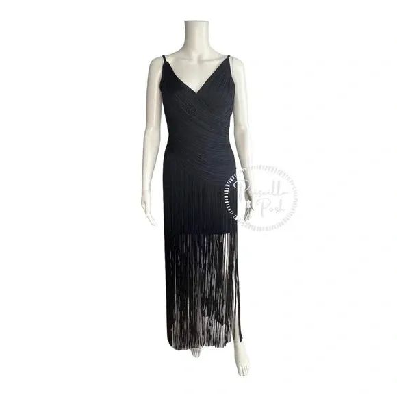 NWT Herve Leger Draped Fringe Gown Navy V-Neck Full Length XS