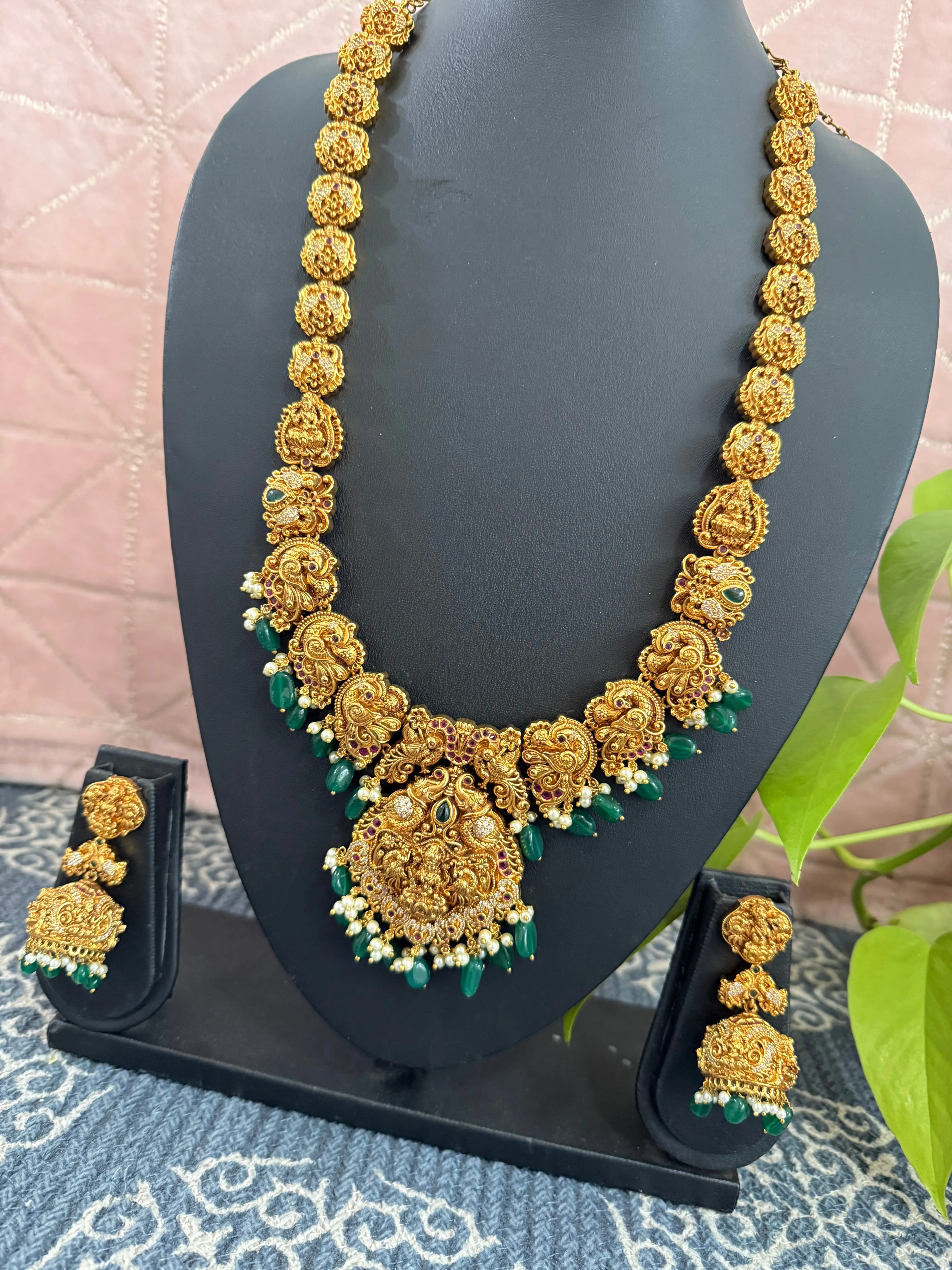 One Gram Gold Deep Nakshi Lakshmi Long Necklace Set