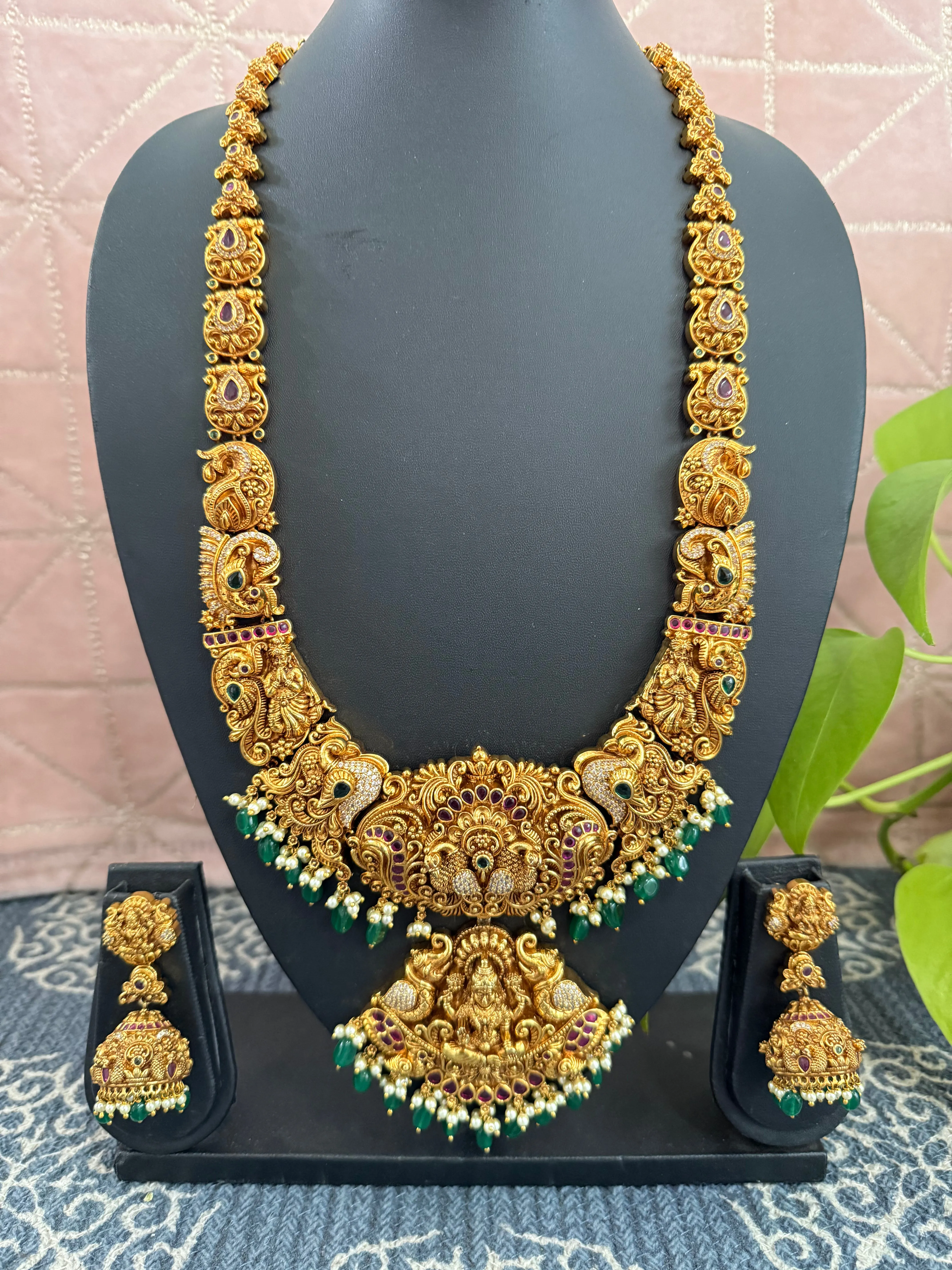One Gram Gold Deep Nakshi Lakshmi Long Necklace Set