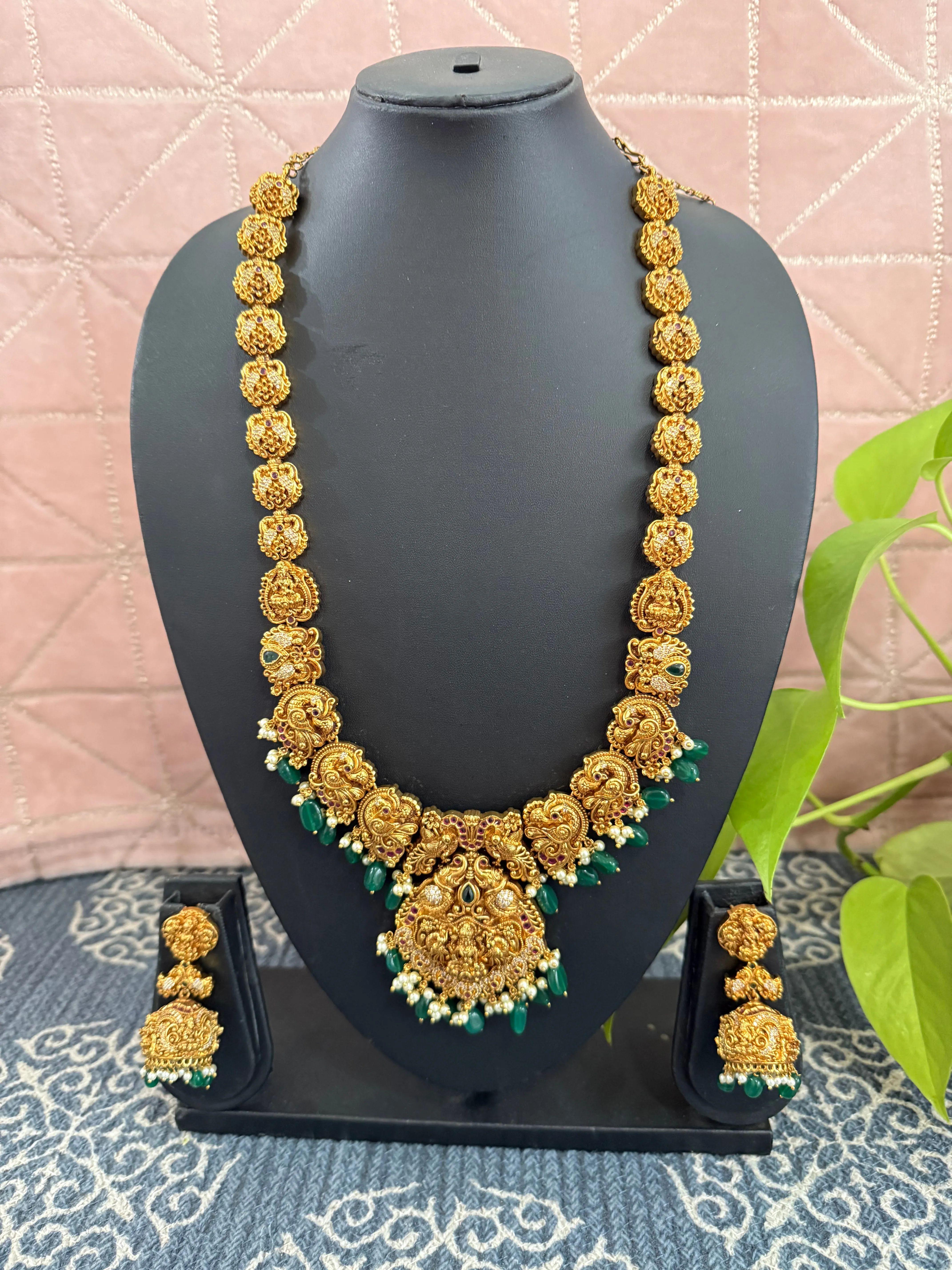 One Gram Gold Deep Nakshi Lakshmi Long Necklace Set
