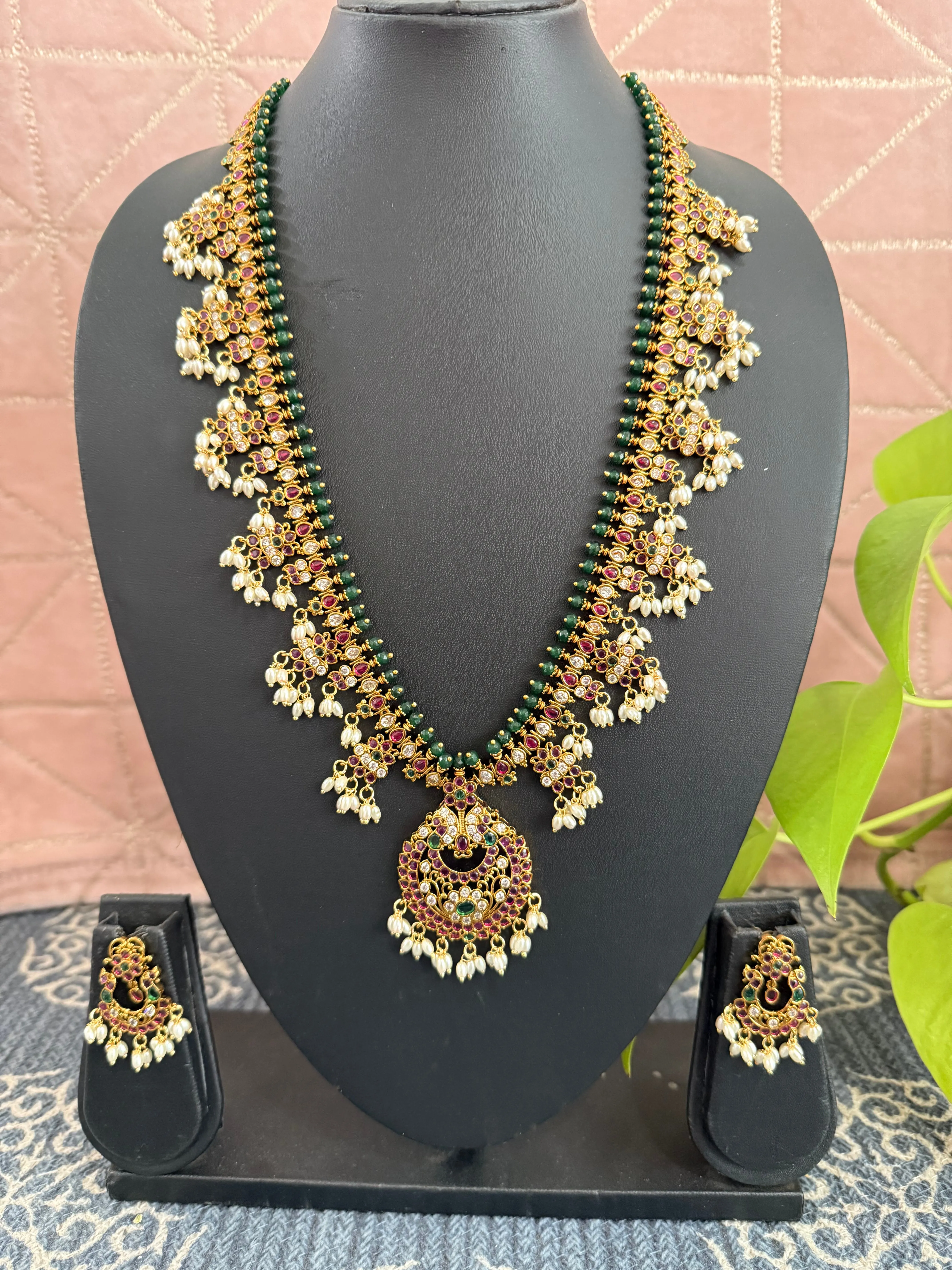 One Gram Gold Kemp Guttapusalu Long Necklace Set