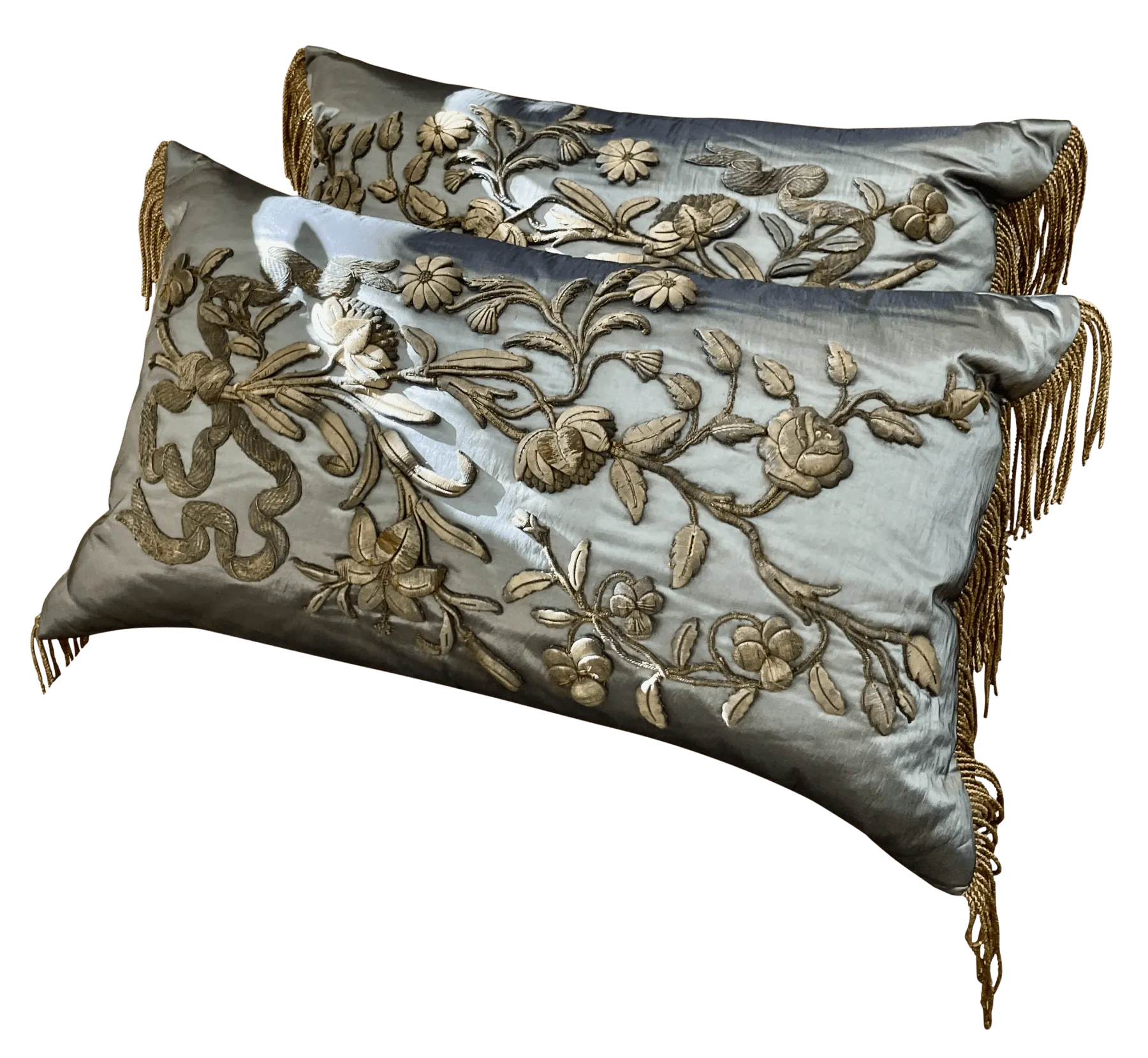 Pair of 17th Century gold Applique Blue Satin Pillows with Fringe