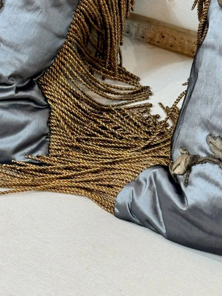 Pair of 17th Century gold Applique Blue Satin Pillows with Fringe