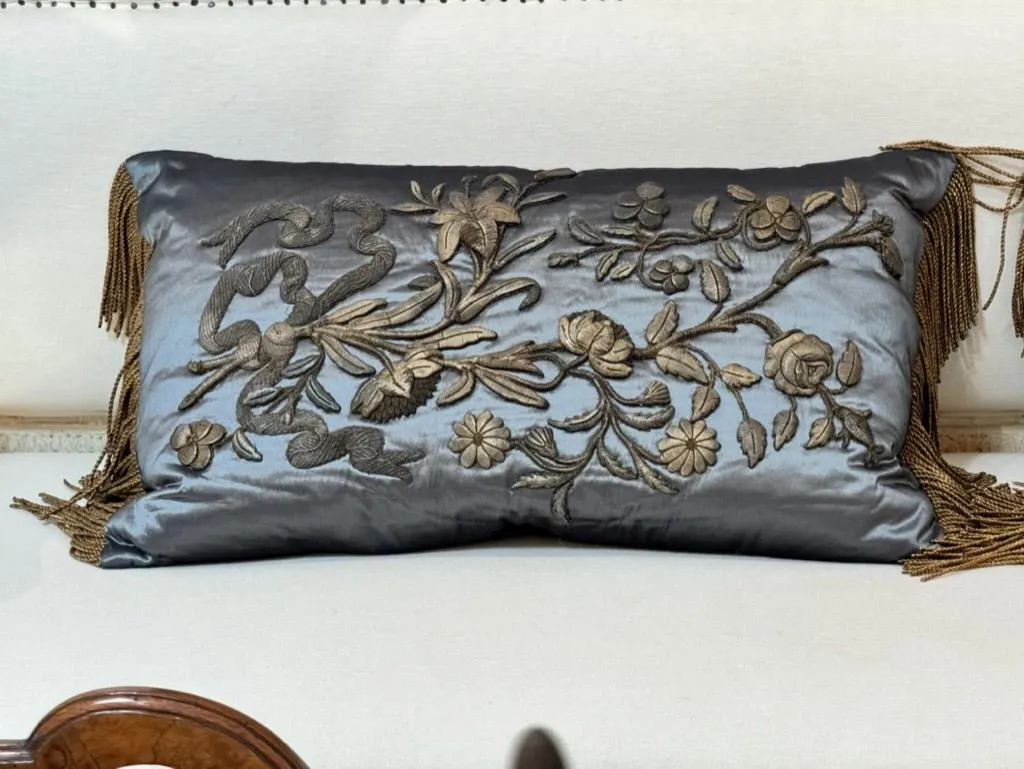 Pair of 17th Century gold Applique Blue Satin Pillows with Fringe