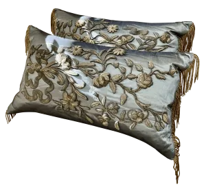 Pair of 17th Century gold Applique Blue Satin Pillows with Fringe