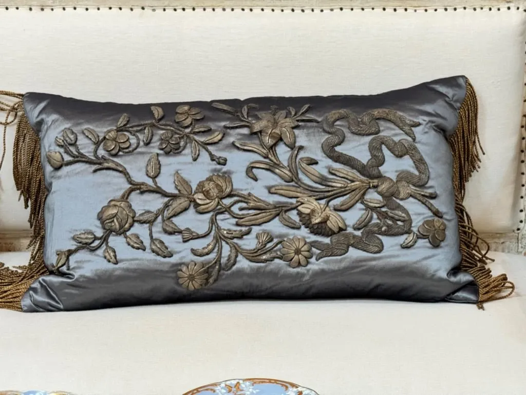Pair of 17th Century gold Applique Blue Satin Pillows with Fringe