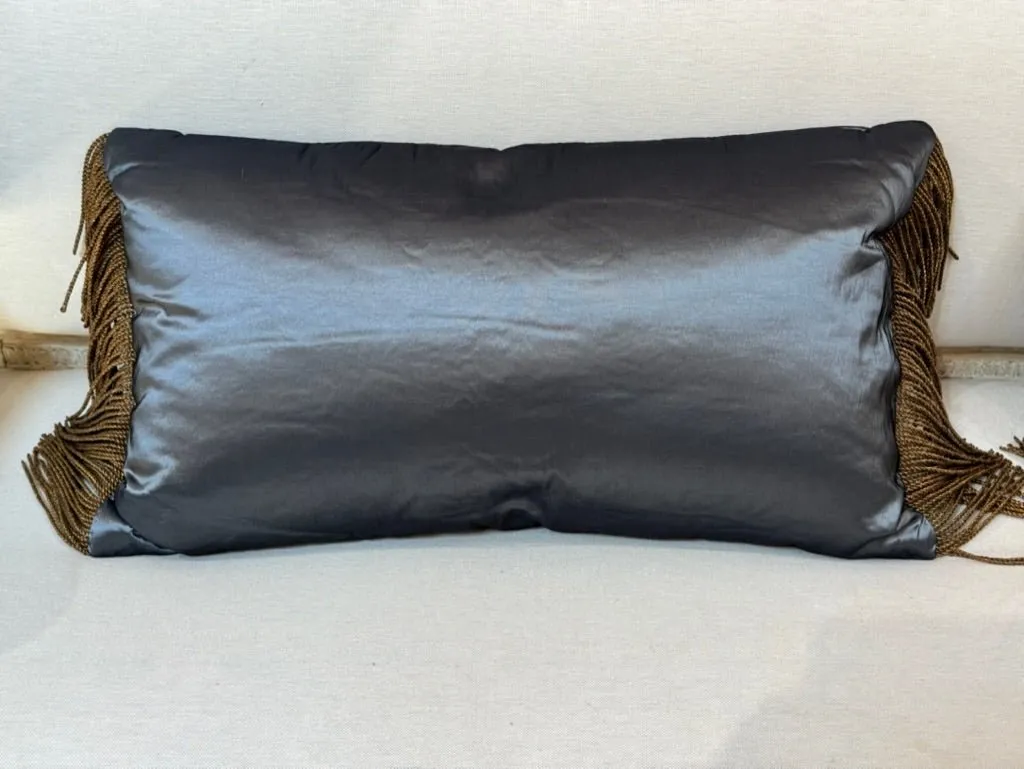 Pair of 17th Century gold Applique Blue Satin Pillows with Fringe