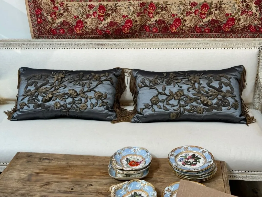 Pair of 17th Century gold Applique Blue Satin Pillows with Fringe
