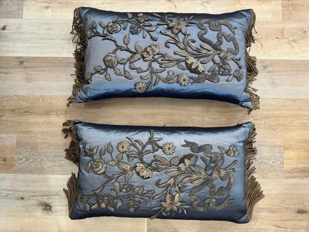 Pair of 17th Century gold Applique Blue Satin Pillows with Fringe