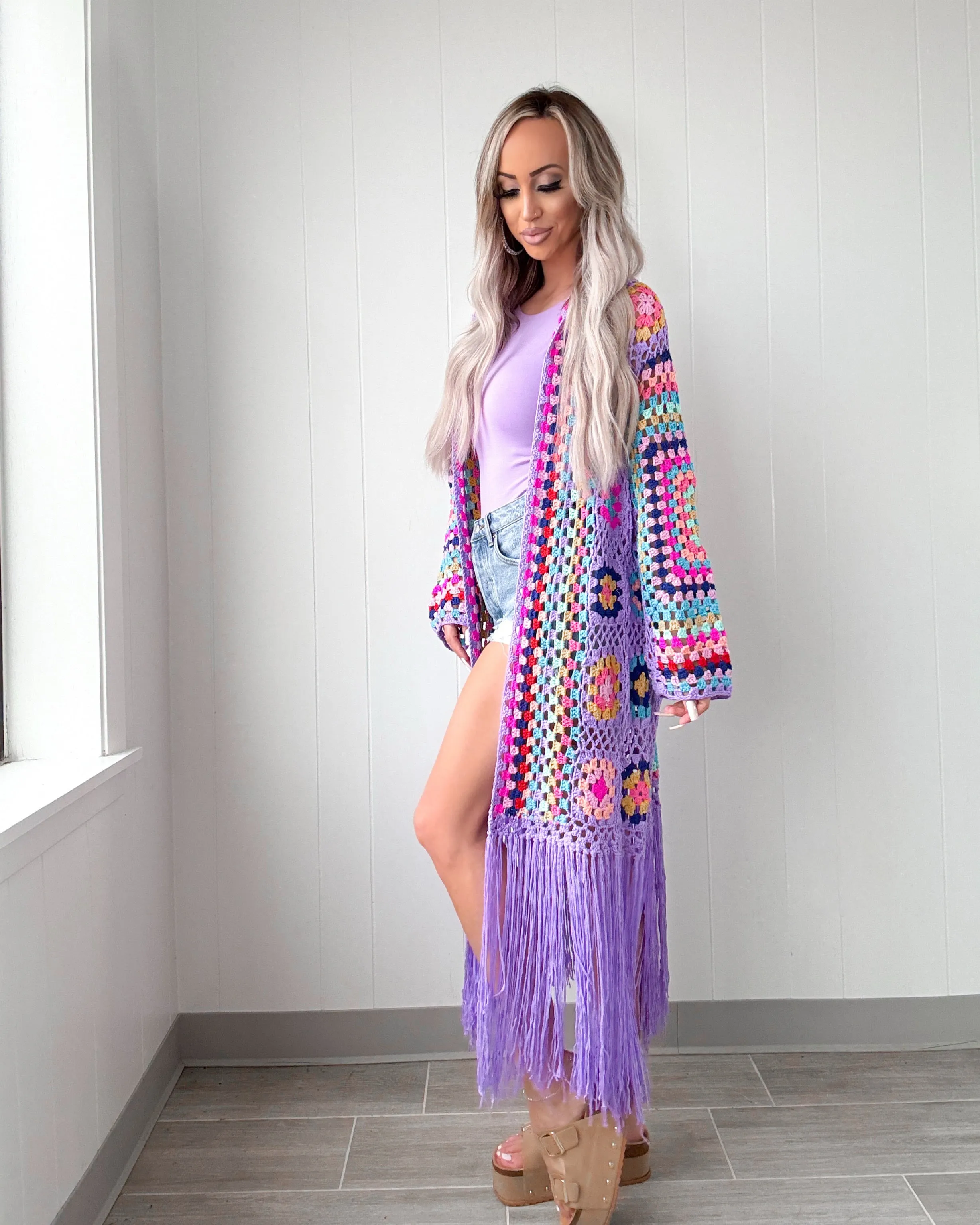 Paradise Crochet Fringe Cardigan - Lavender
