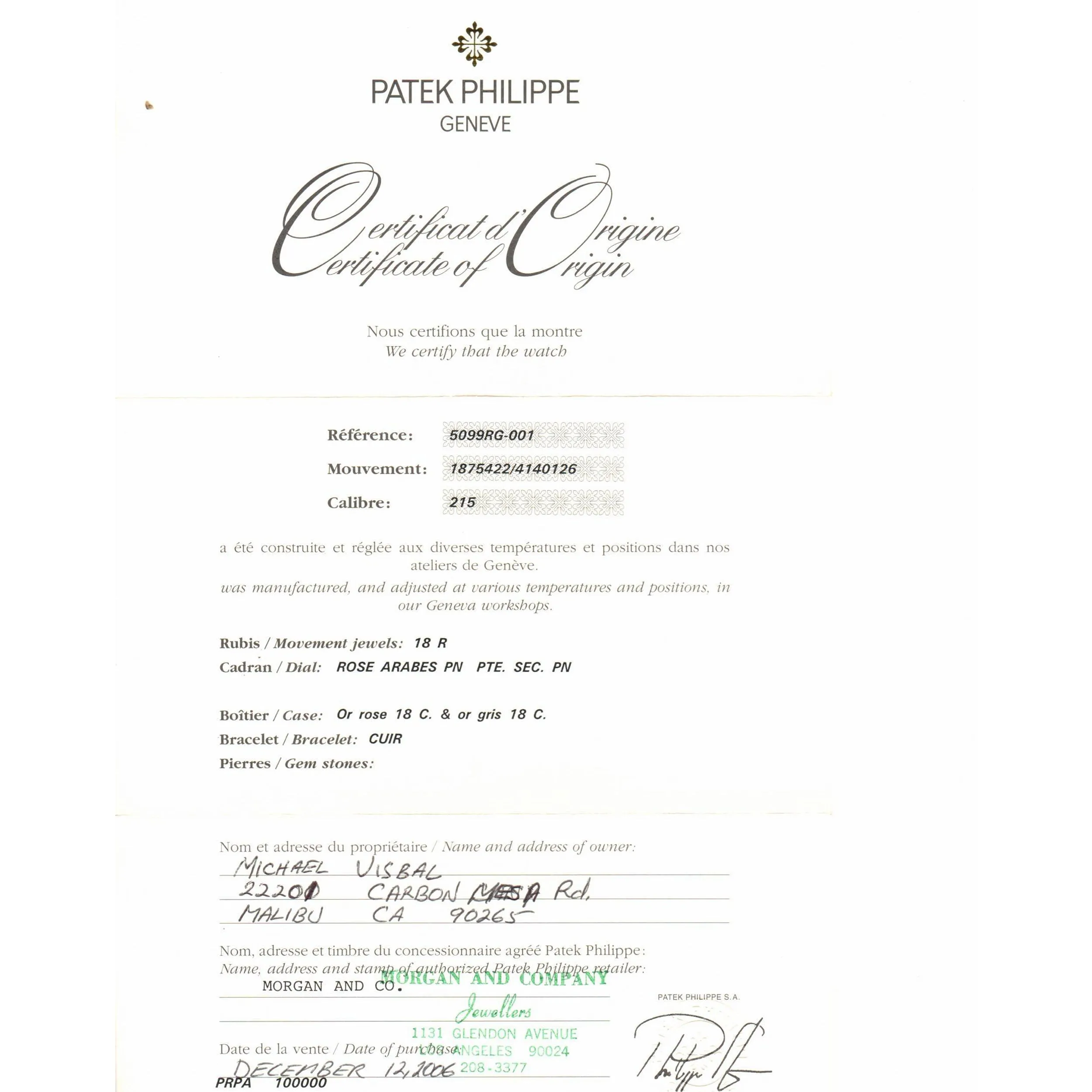 Patek Philippe 5099RG Gondolo Cabriolet Watch circa 2006