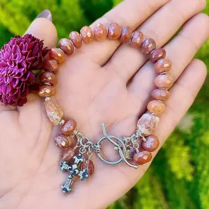 Peach Moonstone, Sunstone, Strawberry Quartz Sterling Silver Cross Bracelet
