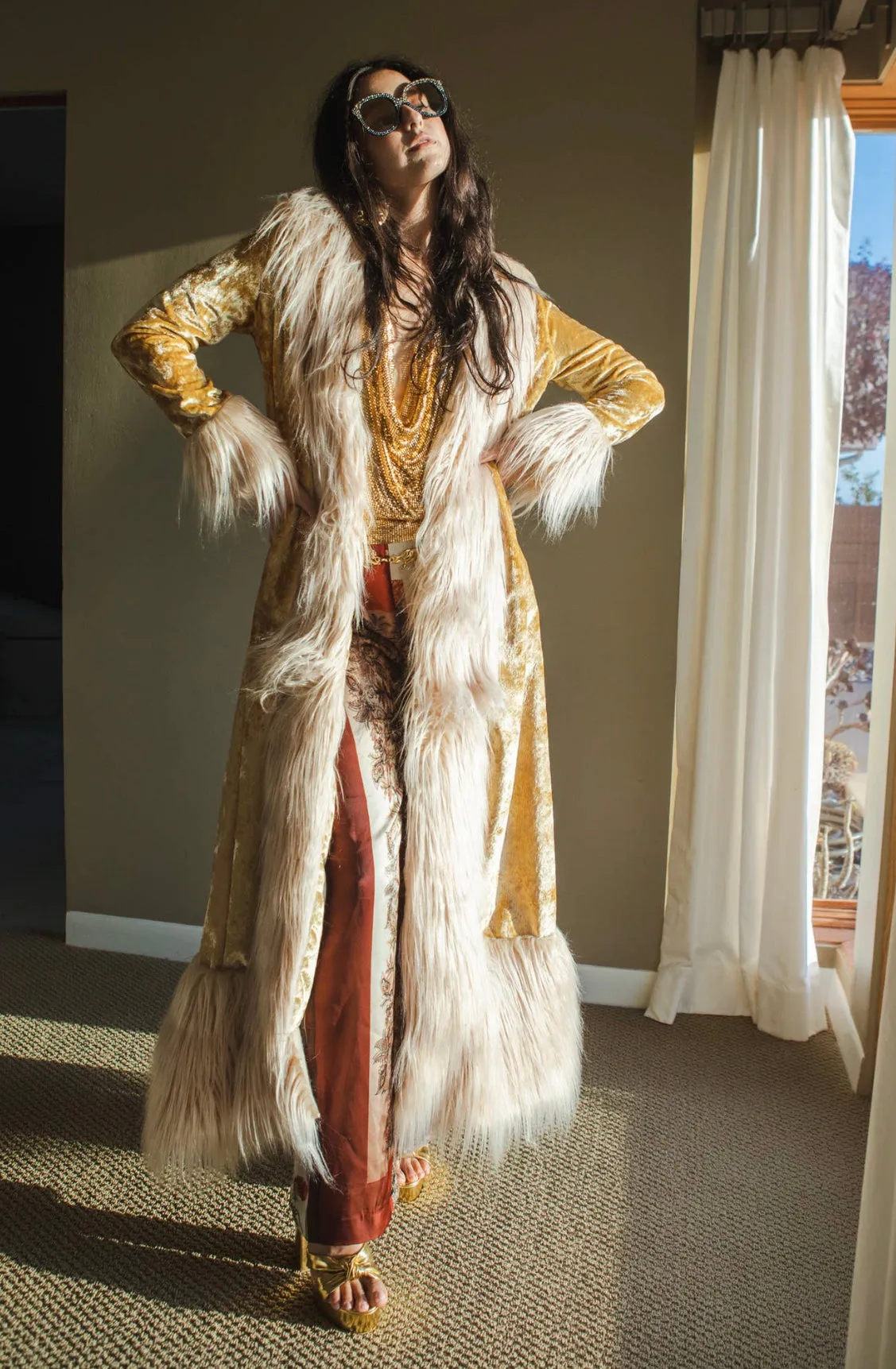 Penny Deluxe Champagne Velvet Faux Fur Coat M