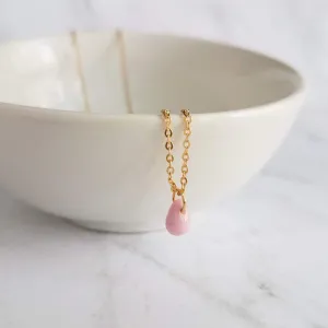 Pink Drop Necklace -  tiny glass drop pendant, delicate 14K gold fill chain, small little pale baby pink teardrop, gift for her under 40