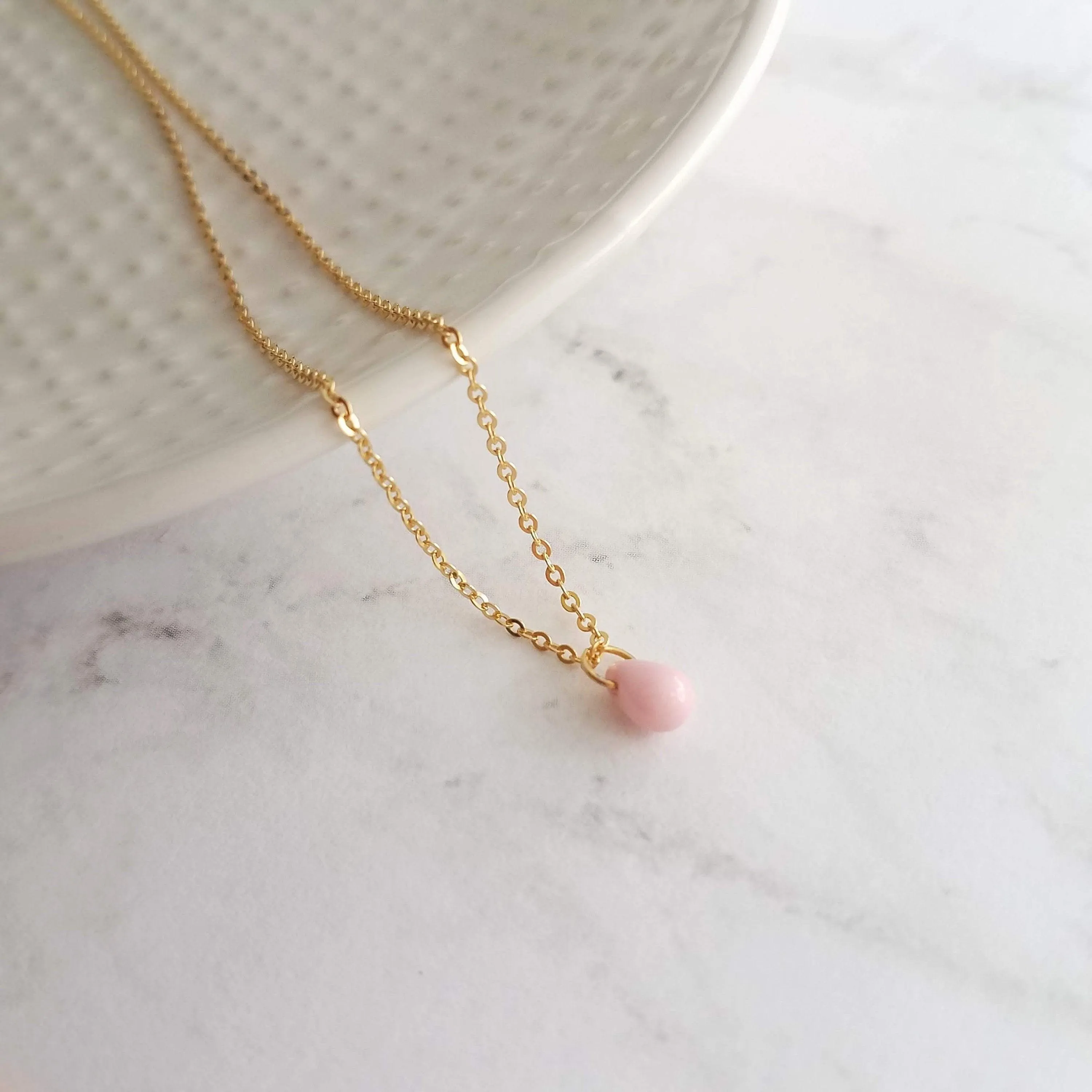 Pink Drop Necklace -  tiny glass drop pendant, delicate 14K gold fill chain, small little pale baby pink teardrop, gift for her under 40