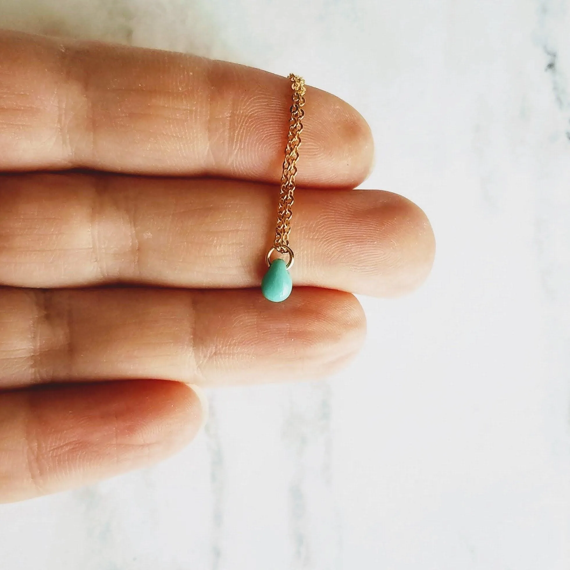 Pink Drop Necklace -  tiny glass drop pendant, delicate 14K gold fill chain, small little pale baby pink teardrop, gift for her under 40