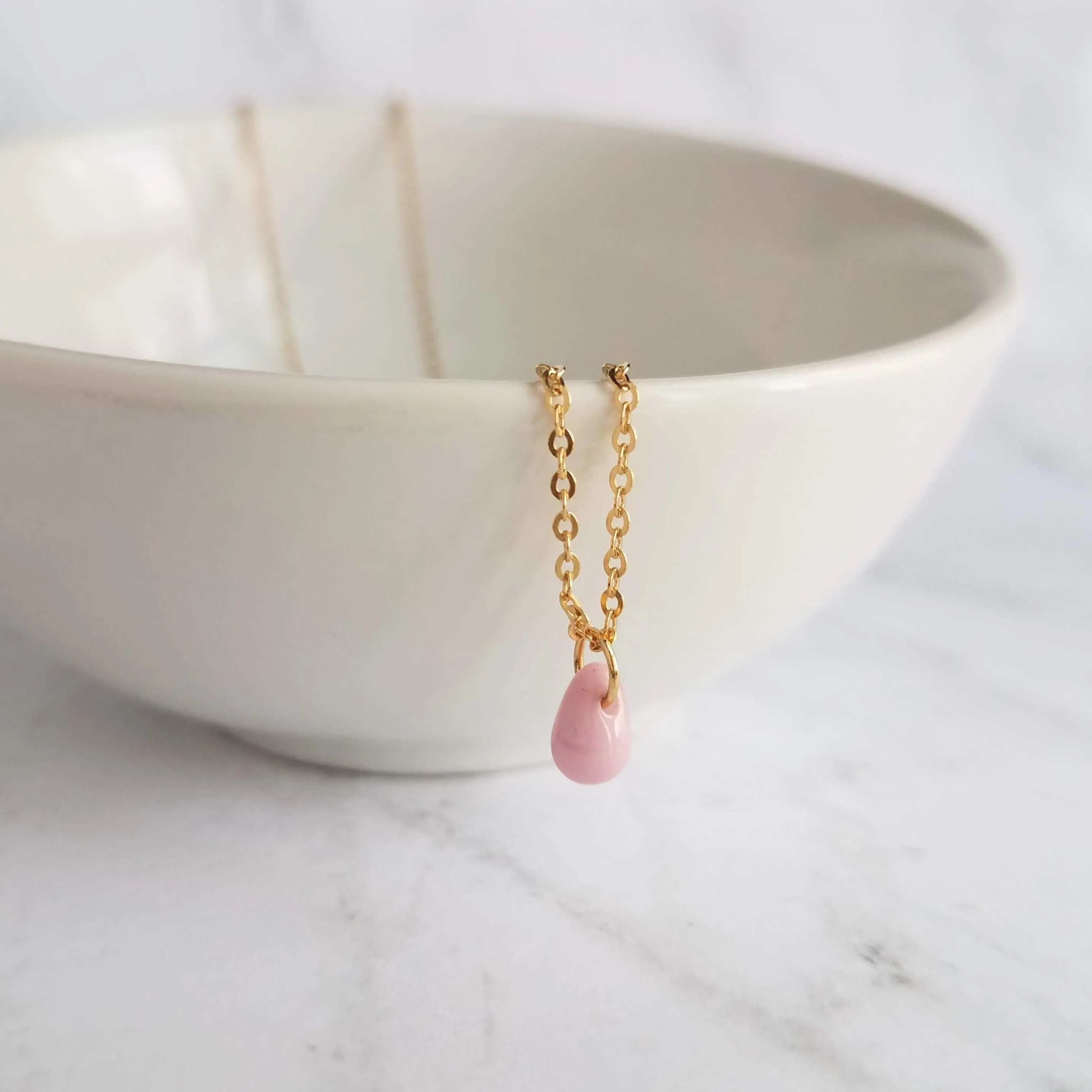 Pink Drop Necklace -  tiny glass drop pendant, delicate 14K gold fill chain, small little pale baby pink teardrop, gift for her under 40