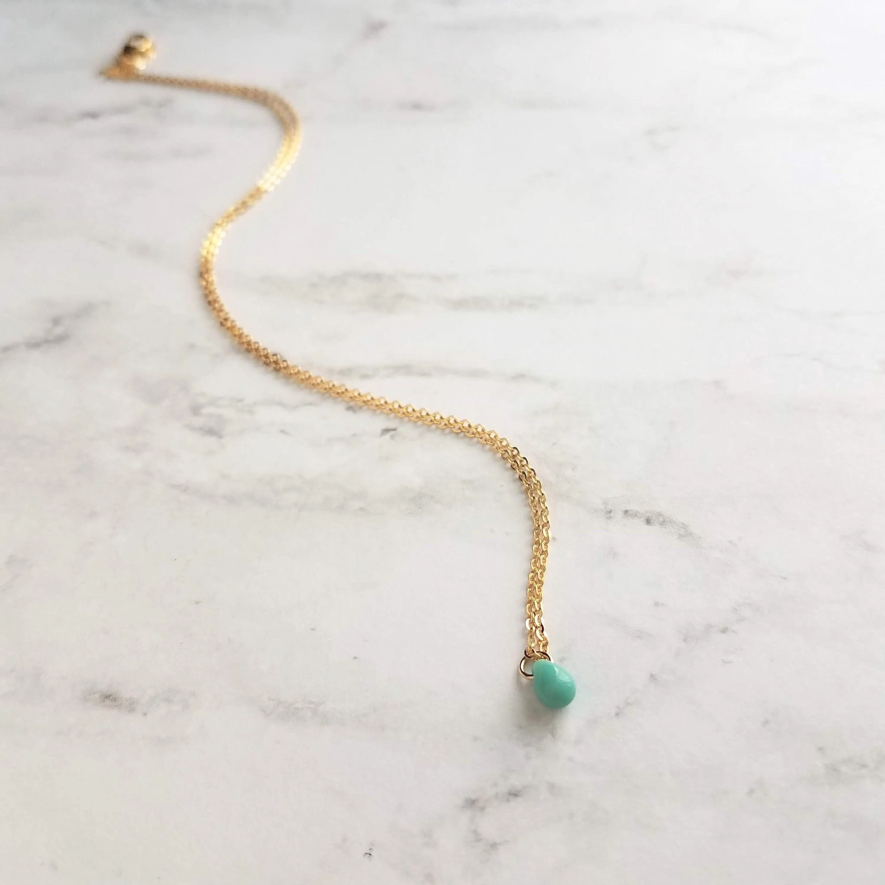 Pink Drop Necklace -  tiny glass drop pendant, delicate 14K gold fill chain, small little pale baby pink teardrop, gift for her under 40