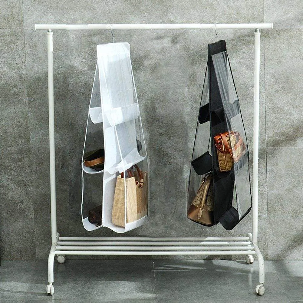 QEES 2 PCS Hanging Purse Handbag Organizer 6 Larger Pockets Clear Cloth Dust-Proof Storage Holder Bag Purse Door Organizer for Handbags, Caps, Accessories for Home Wardrobe Closet YFZ06 (White)