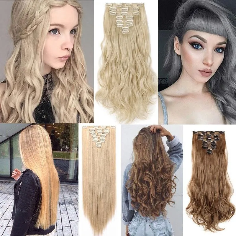 Real Thick Real Soft Clips In Hair Extensions Silky Soft Heat Resistant Synthetic Fiber Hairpiece 17/23/24" Straight/Curly Hair