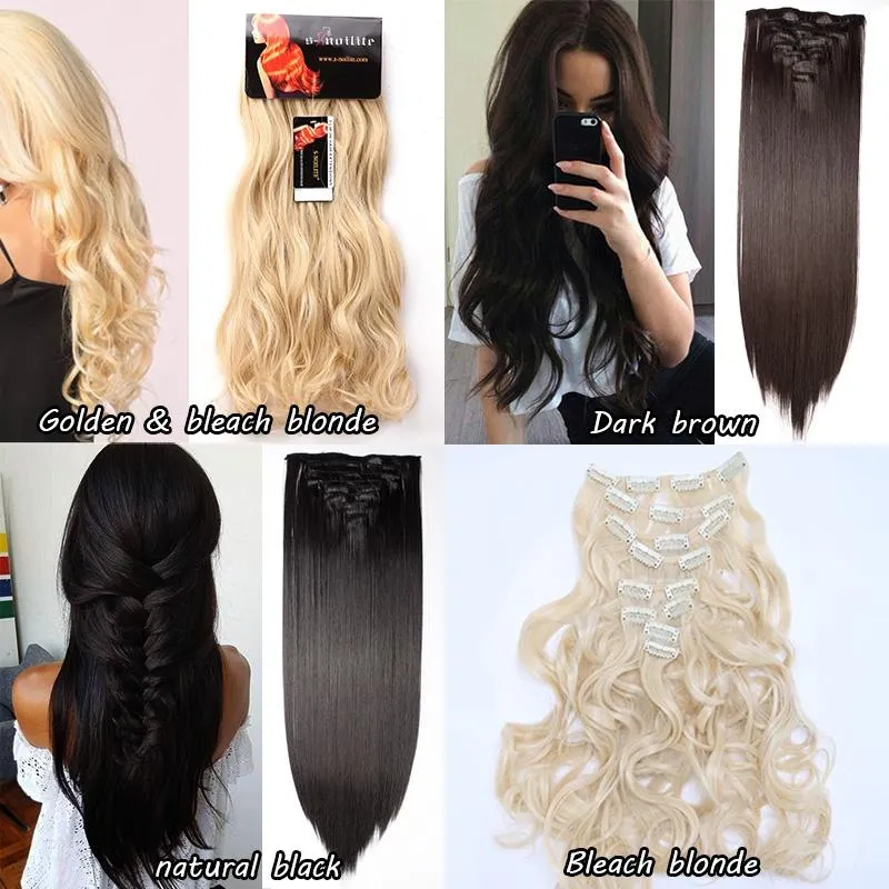 Real Thick Real Soft Clips In Hair Extensions Silky Soft Heat Resistant Synthetic Fiber Hairpiece 17/23/24" Straight/Curly Hair