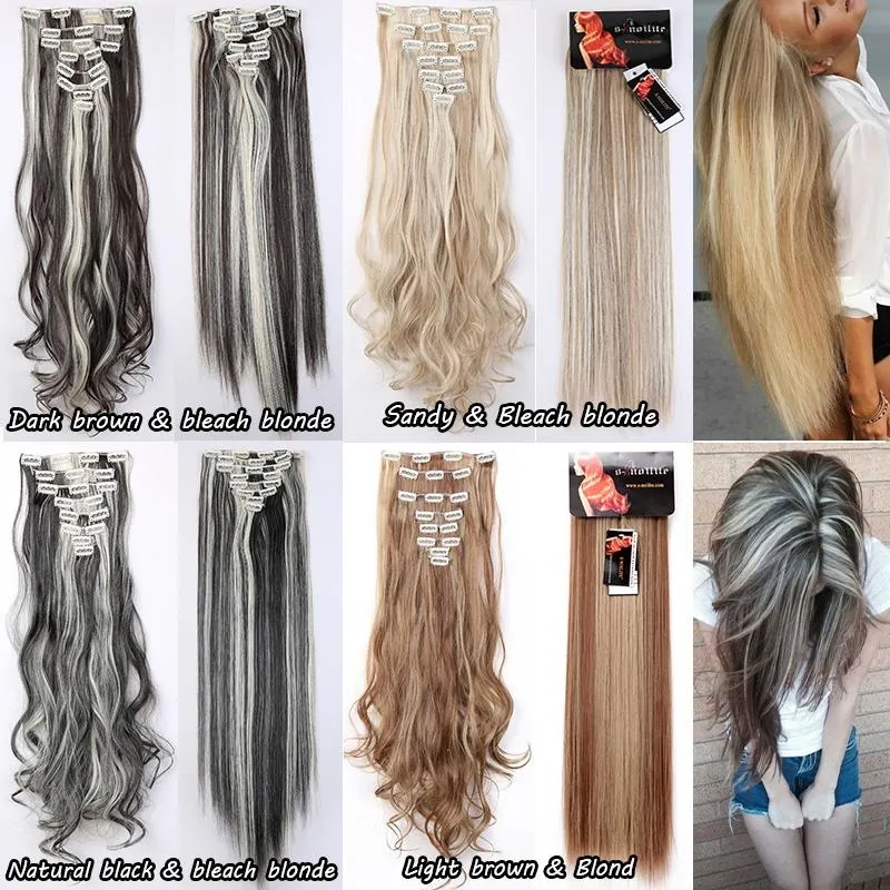 Real Thick Real Soft Clips In Hair Extensions Silky Soft Heat Resistant Synthetic Fiber Hairpiece 17/23/24" Straight/Curly Hair