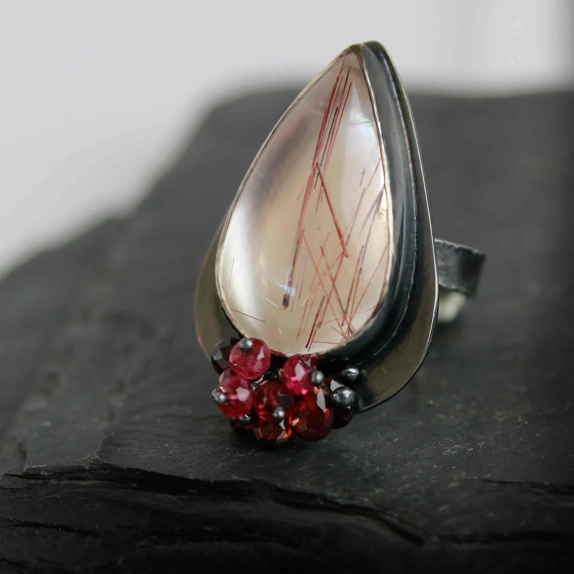 Red Rutile with Garnet and Red Spinel Cluster. Size 8 1/4.